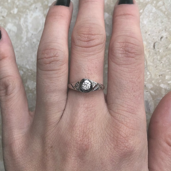 18k White Gold Filigree Diamond Ring Art Deco - Picture 10 of 10